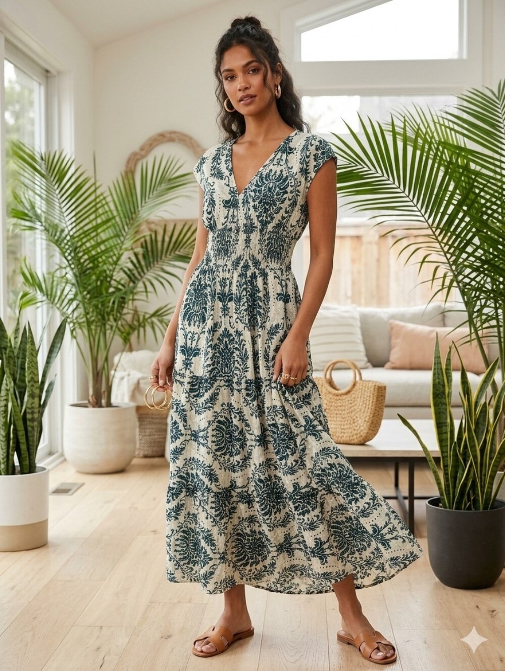 SHEIN Cream Maxi Dress with Dark Green Damask Print